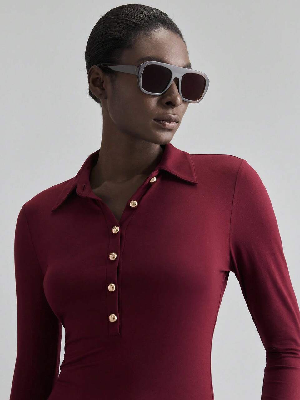 Women's Burgundy Red Autumn Smart Casual Office Wear,Fitted Lapel Collar Long Sleeve Knitted Shirt,Metal Button Minimalist Elegant Top,Old Money Style