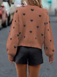 SHEIN LUNE Casual Heart Pattern Drop Shoulder Loose Knit Sweater, Autumn/Winter Fall Cloth For Women - Brown - View 2