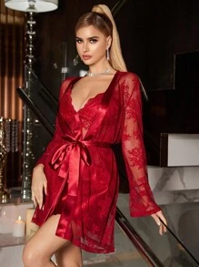 SilkySpell 蕾丝边长袍和蕾丝拼布性感吊带睡袍套装 - 酒紅色 - 查看 3