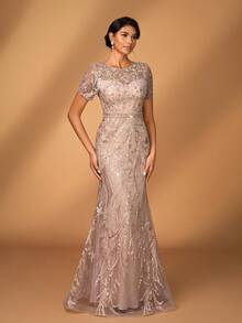 Serin Elegant Luxurious Embroidered Lace Sequin Floral Design With Faux Pearl Sheer Sleeve Dress, Suitable For Wedding, Party, Vacation, Prom, Evening Gown, Mother Of The Bride, Valentine's Day - Pink - View 5