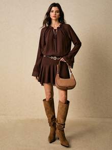 Poéselle 女式度假休闲纯色喇叭袖短款连衣裙 - 棕色 - 查看 6