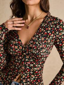 Poéselle Vintage Ditsy Blumen Knotenshirt mit Langarm, 90er Jahre Y2K Crop Top Essentiell, Lässig Chic Streetwear, einfach und modisch, geeignet für den täglichen Gebrauch, Ausgehen, Pendeln, Dates, Zuhause und andere Anlässe - Schwarz - Übersicht 7