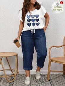 EMERY ROSE 2pcs/Set Plus Size Women Faux Denim Texture Heart Print Short Sleeve Top And Pants Casual Outfit Suitable For Going Out,Holiday Outfits For Women - Navy Blue - View 5