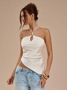 SHEIN BAE 1件女士优雅缎面露背吊带无袖上衣，杏白色，春夏款 - 白色 - 查看 1