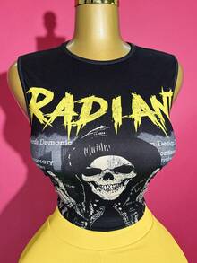 Slaydiva 2025春夏新款波西米亚音乐节复活节休闲日常沙滩度假派对街头性感甜美可爱Y2K黑色弹力针织面料霓虹绿英文字母骷髅骨暗黑美式复古图案圆领露肩无袖短款修身背心搭配绿色松紧腰纹理紧身短裤/热裤女两件套 - 黃色 - 查看 6