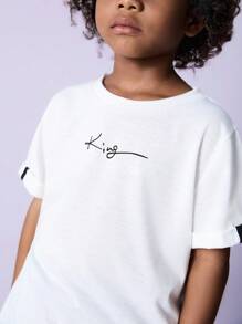 Young Boy Round Neck Casual Turnover Letter Print Short Sleeve T-Shirt - White - View 2