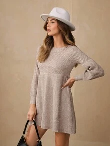 Wildy Lantern Sleeve Ribbed Knit Sweater Dress,Fall Dress - Apricot - View 6