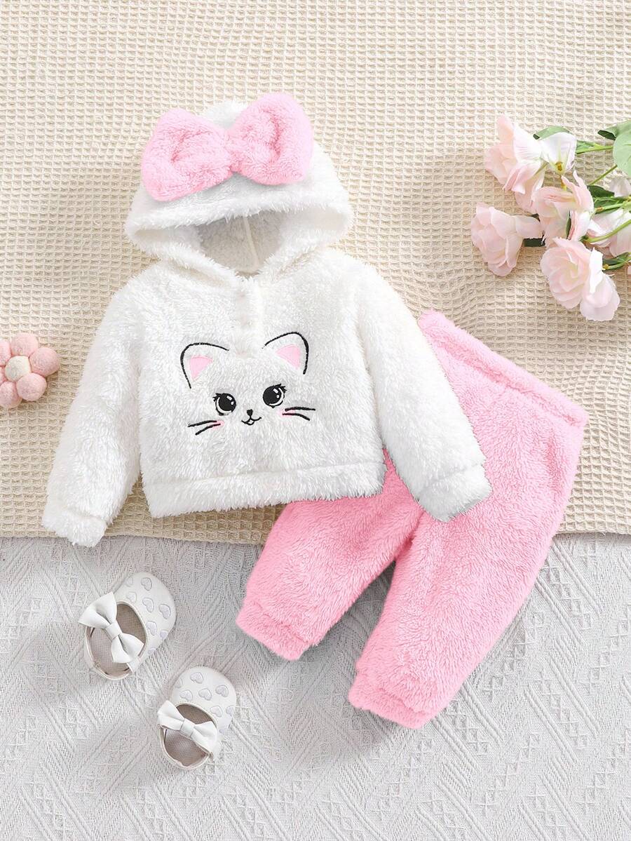 SHEIN 新生女婴可爱毛茸茸卡通图案连帽上衣和松紧腰裤套装，秋冬 - 淺粉色 - 查看 1