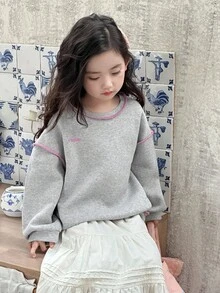 DAZY 女童圆领撞色缝线装饰长袖卫衣，秋冬季 - 灰色 - 查看 7