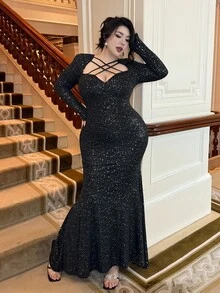 Flirla 大码女式黑色烫金装饰修身复古浪漫优雅V领长袖派对超长鱼尾连衣裙 - 黑色 - 查看 4