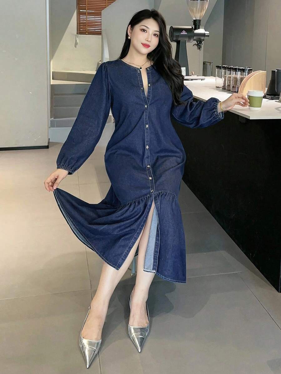 Dazy Plus 深洗蓝半开领灯笼袖宽松长款牛仔连衣裙，秋季