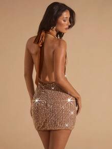 Glamine 秋季新品奢华性感优雅度假闪亮亮片面料深V领露背无袖高领咖啡色迷你连衣裙