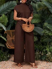 SHEIN Lady 女式纯色简约短袖上衣和裤子两件套 - 棕色 - 查看 3