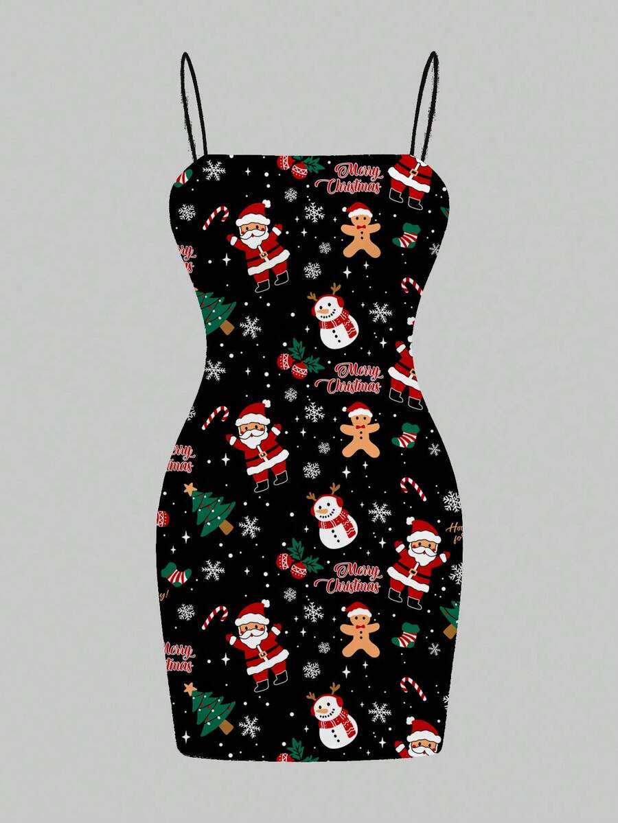 SHEIN EZwear 圣诞雪花和圣诞老人图案休闲简约女士节日派对吊带背心连衣裙 - 白色 - 查看 1