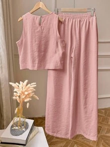 2件套女式无袖纯色背心和裤子 - 粉色 - 查看 2