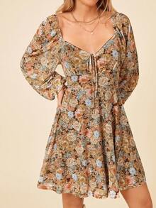 SHEIN VCAY Floral Print Knot Front Lantern Sleeve Dress - Brown - View 7
