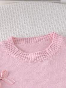 SHEIN Playful Pals 2件套女童纯色简约蝴蝶结针织毛衣套装 - 粉色 - 查看 3