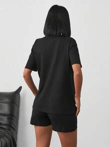 ZIRRA 2pcs/Set Women Summer Casual Beaded Decor T-Shirt And Shorts - Black - View 2