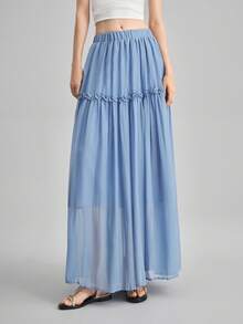 Ontre 2025 New Women's Skirt, Autumn/Winter, Modern Urban Style, Blue, Elastic Waist Loose Fit, Business Casual, Commute, Daily Wear, Christmas, Halloween, Holiday, Party, Fitted, Pleated Design, Transparent, Women Office, Wedding Guest Attire, Versatile - Green - View 4