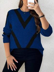 Elenzga 大码女式休闲时尚修身圆领长袖提花针织套头衫，秋冬 - 藍色 - 查看 4