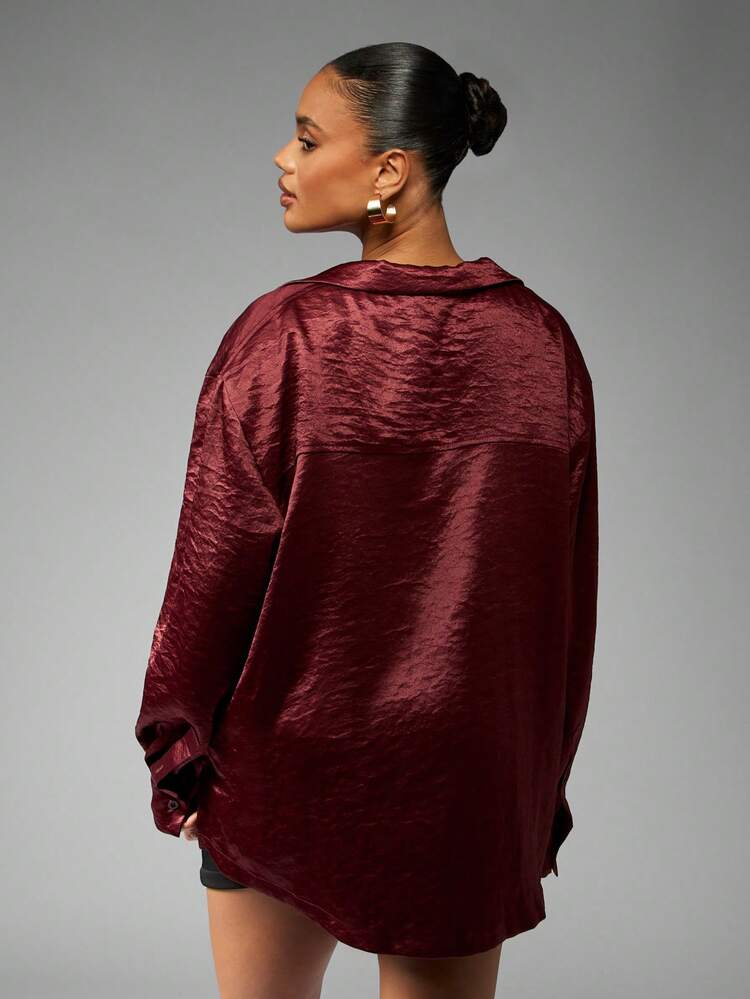 MISSGUIDED Camicetta di seta oversize con bottoni, elegante per serate, feste e uscite notturne, collo lungo, maniche lunghe, colore bordeaux, adatta per l'autunno e l'inverno