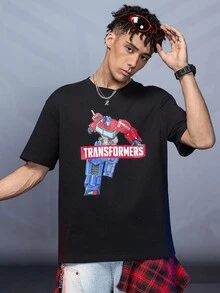 Transformers X SHEIN تي شيرت رجالي أسود بياقة مستديرة وأكمام قصيرة بطبعة روبوت - الأسود - مشاهدة 5