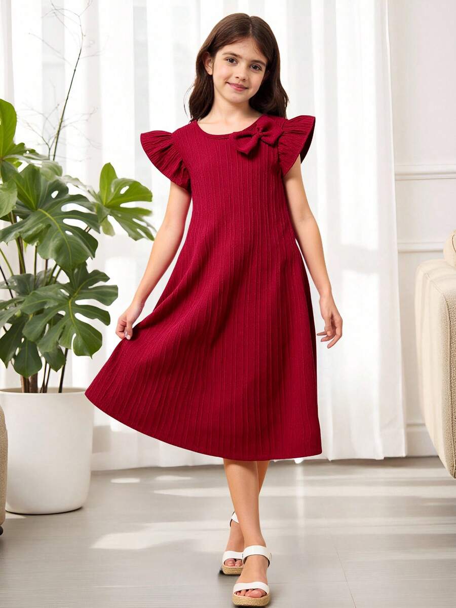 SHEIN 女大童前蝴蝶結荷葉邊洋裝