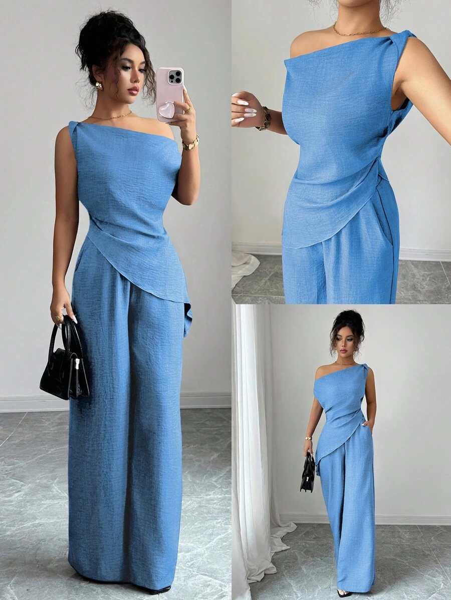 Elenzga Summer New Korean 2 Pieces Set For Women, Suitable For Travel And Photography, Featuring Gorgeous Deep Sea Blue Asymmetric Shoulder Top And High-Waisted Casual Pants
