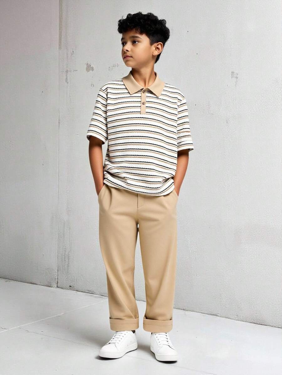 SHEIN 2pcsTween Boy Polo Co-Ords Casual Daily Wheat Yellow Textured Woven Fabric Short Sleeves Polo Regular Thicknessdaily Vacation Summer And Autumn Contrast Stripesback To School Polo Shirt And Khaki Pants Suit - Khaki - View 1