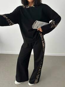 EURMUSE LEOPARD SIDE DETAILED SWEATSHIRT AND PANTS SET - Black - View 6