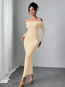 Firerie Đầm Maxi hở vai màu trắng thanh lịch trang trí ngọc trai giả nhún bèo ôm sát lãng mạn cho ngày lễ tình nhân - Màu be - Xem 6