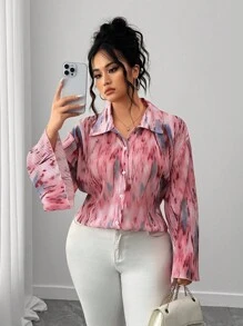 Elenzga Plus Size Women's Tie-Dye Drop Shoulder Long Sleeve Single-Breasted Loose Fashion Shirt