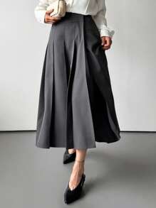 DAZY Falda plisada de línea A de unicolor con abertura, falda larga de estilo universitario retro casual, falda de cuero de otoño/invierno para mujer - Gris - Ver 3