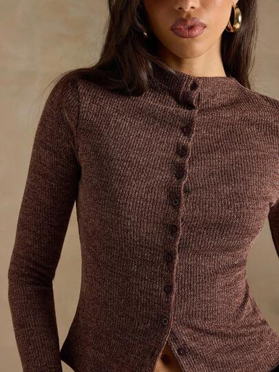 SHEIN BAE Women's Solid Color Long Sleeve Front Button Casual Knit Cardigan, Fall Clothes For Women, Brown Top For Women,Winter Clothes For Women,Brown Top,