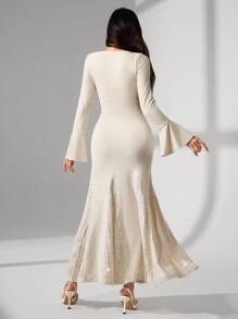 Modelyn Vestido elegante de mujer con hombros descubiertos, volantes, mangas acampanadas, parches y cola de pez en unicolor - Albaricoque - Ver 2