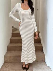 Easowa Blue And White Stripe,Autumn,Elegant,Dates Long Sleeve Maxi Dress,Apricot Waffle Fabric Knit Bodycon Fish Tail Skirt For Women Christmas Clothes - Apricot - View 7
