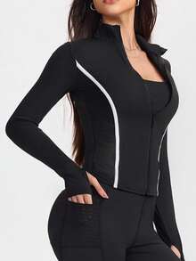 SHEIN Sports Women's Lightweight Jacket With Stand Collar, Full Zip, Thumb Holes, Side Mesh Panels And Contrast Stripes, Fashion Sports Jacket Suitable For Casual Wear, Running, Yoga, Gym Women Workout Jacket Zip Up Workout Jacket Black Workout Jacket Gym Jacket Athletic Jacket