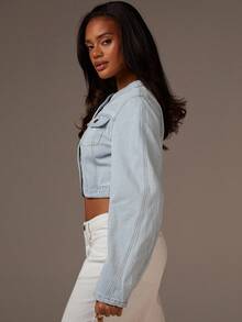 Athîral 女士秋季服装女士长袖露腰单排扣短款休闲牛仔夹克 - 藍色 - 查看 5