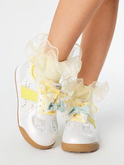 Kawaii Women's White Loafers Ballet Flats With Lace-Up Bow Accent, Sweet Slip-On Soft-Sole Casual/Athletic Sneakers