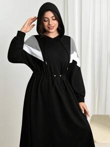 Modelyn Plus Size Women Long Sleeve Drawstring Casual Autumn/Winter Hooded Color Block Cinched Waist Dress Fall Cloth For Women - Black - View 6