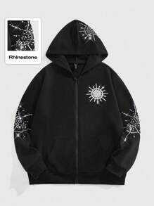 ROMWE MEN Street Life 男士休闲时尚街头水钻拉链连帽运动衫 - 黑色 - 查看 1