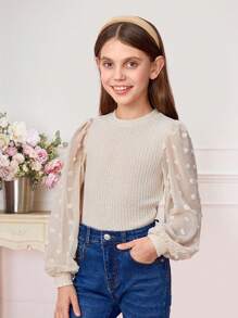 SHEIN Tween Girl Swiss Dot Lantern Sleeve Waffle Knit Tee - Beige - View 8