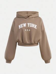 SHEIN 2pcs/Set Teen Girls Casual Letter Print Long Sleeve Crew Neck Sweatshirt And Sweatpants Set Teen 2 Piece Set Teen Girl Brown Set Teen Sweat Set New York Outfits Sweat Sets Tweens Comfy Fall Winter - Khaki - View 7