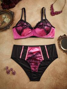 PinupPomp Plus Size Lace Patchwork Underwire Bra & Panty Set Vintage