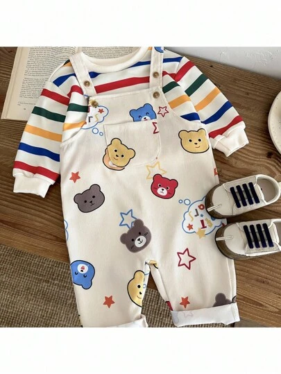 SHEIN 2 件套男婴/女婴彩色彩虹图案针织柔软圆领长袖套头衫和卡通熊图案围兜裤套装，休闲可爱服装适合居家和户外，百搭简约风格