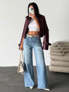 RueChic 女士低腰阔腿蓝色牛仔裤 日常休闲 - 中等水洗藍 - 查看 5