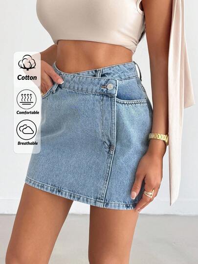 EURMUSE Damen Denim Rock Mini mit hoher Taille, Lichtblau, Schneewäsche-Effekt, asymmetrisches Design