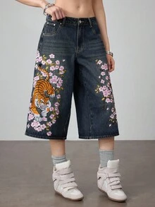 ROMWE Grunge Punk 复古 Y2K 街头中国风虎纹花卉刺绣宽松阔腿牛仔裤，男女通用 - 藍色 - 查看 1