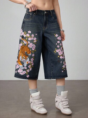 Grunge Punk Vintage Y2K Streetwear Chinesischer Stil Tiger & Blumen Stickerei Weite Schlupfhose, Unisex