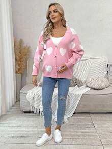 SHEIN Maternity Autumn/Winter Cardigan Sweater Jacket, Contrast Heart Casual Knit Cardigan - Pink - View 3